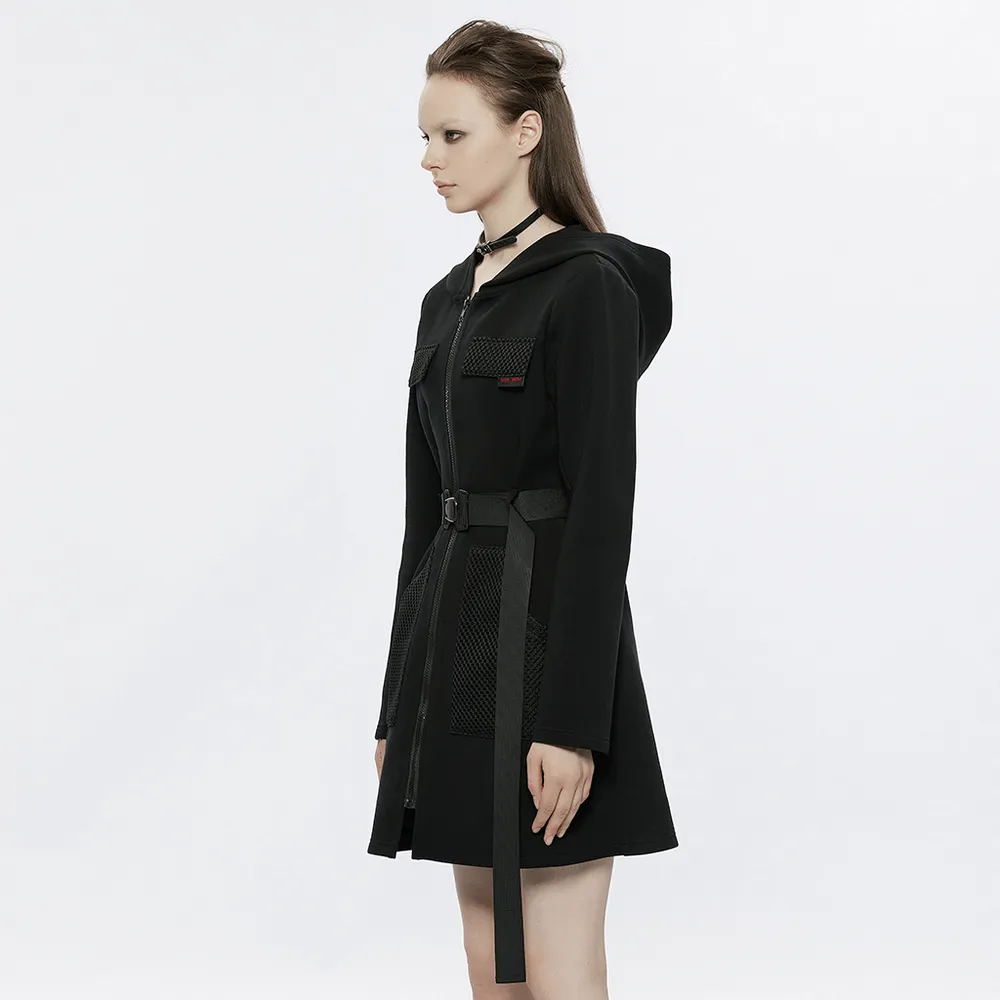 Stylish Black Hooded Zip-Front Tactical Dress