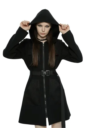 Stylish Black Hooded Zip-Front Tactical Dress