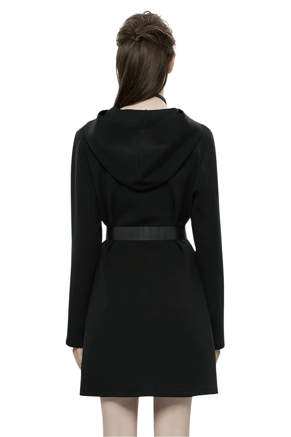 Stylish Black Hooded Zip-Front Tactical Dress