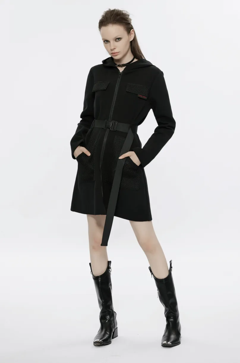 Stylish Black Hooded Zip-Front Tactical Dress