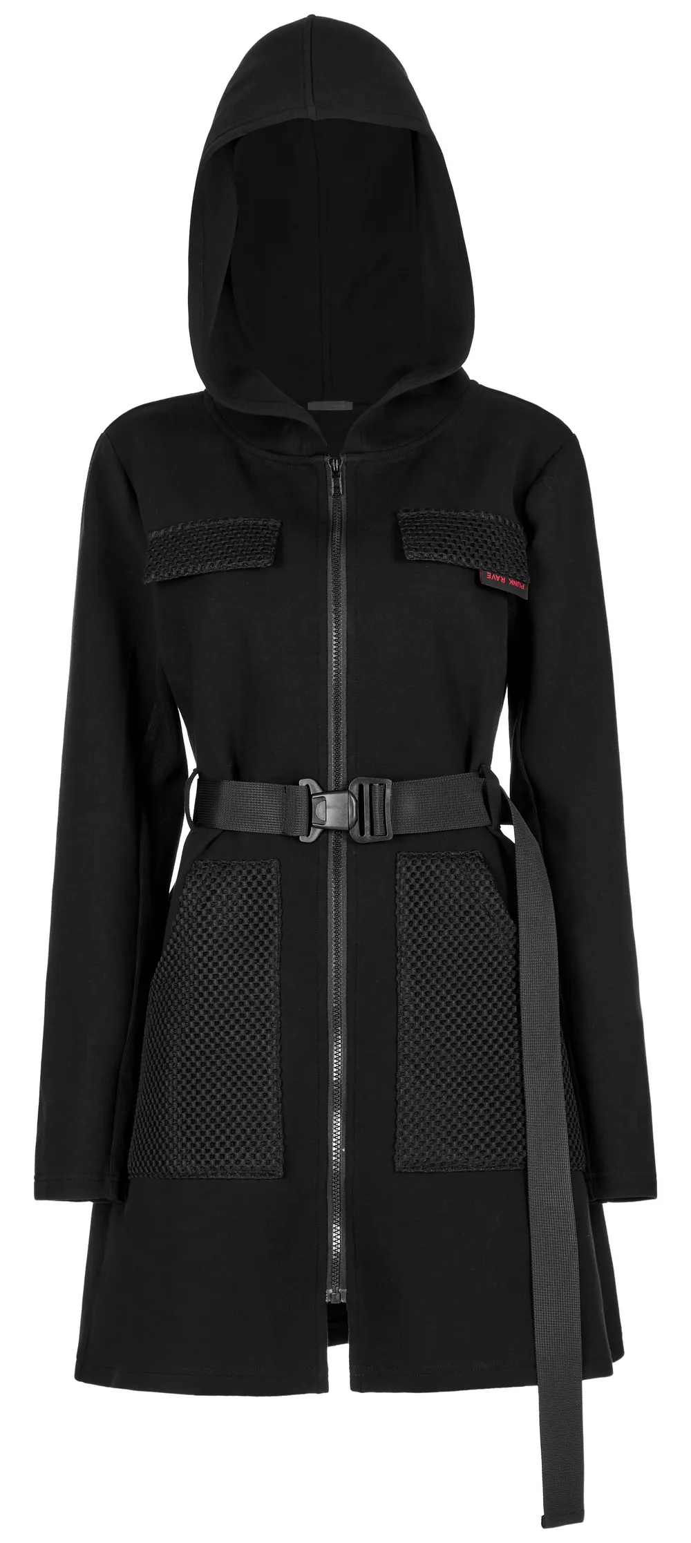 Stylish Black Hooded Zip-Front Tactical Dress