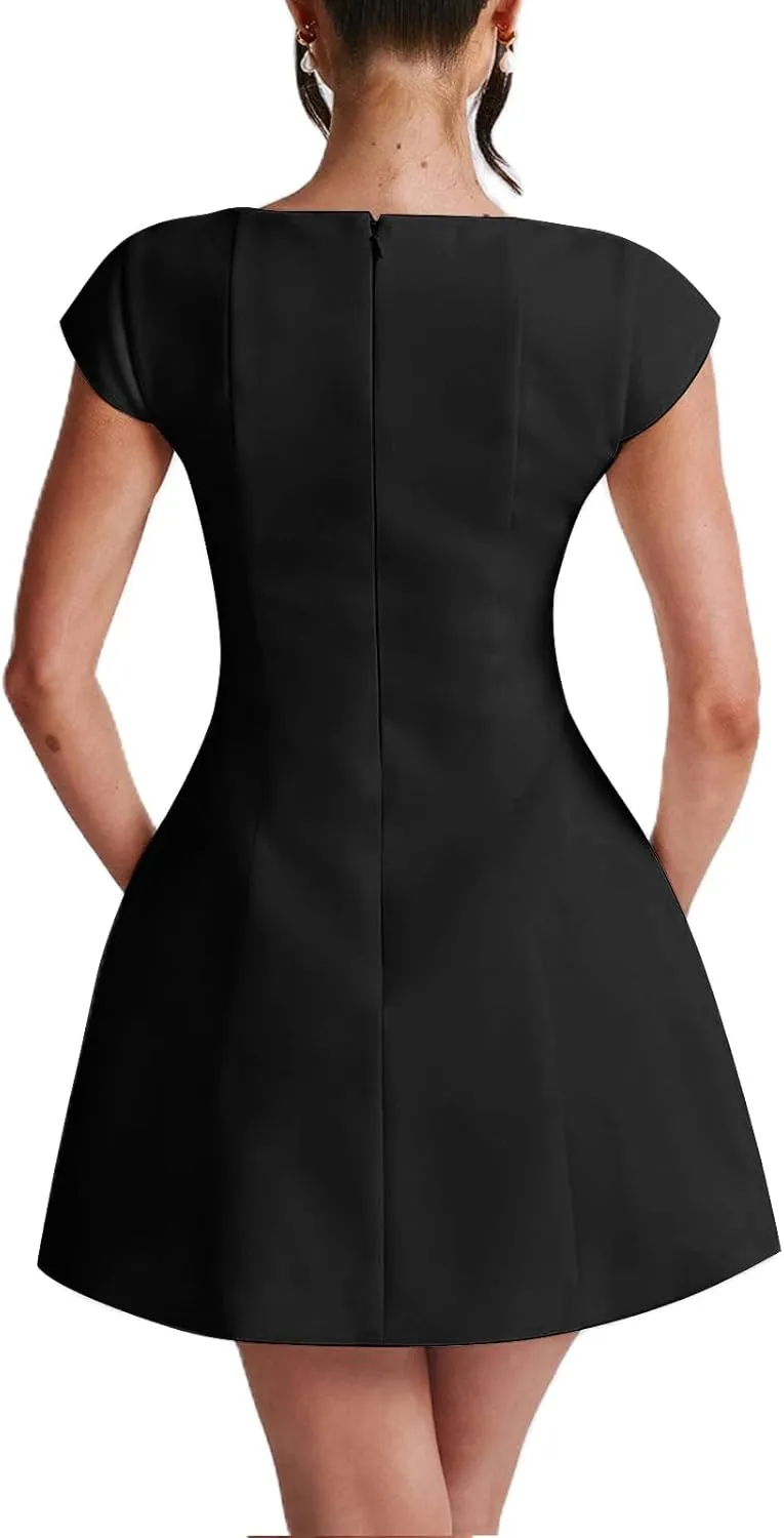 Summer Square Neck Mini Dresses for Women Solid Color Cap Sleeve A Line Dress Elegant Party Club Short Bodycon Dress