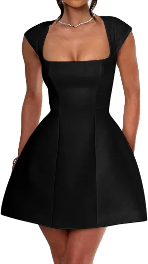 Summer Square Neck Mini Dresses for Women Solid Color Cap Sleeve A Line Dress Elegant Party Club Short Bodycon Dress
