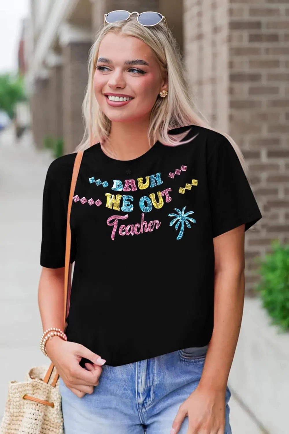 Teacher Shirts Happy Last Day of School T-Shirt Sequin Bruh We Out Teachers Shirt Schools Out Summer Tops