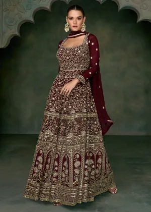 Tempting Maroon Georgette Embroidered Wedding Anarkali Suit