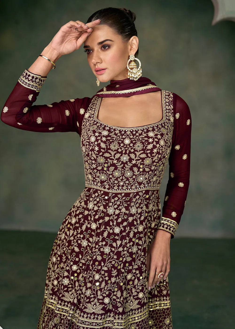 Tempting Maroon Georgette Embroidered Wedding Anarkali Suit
