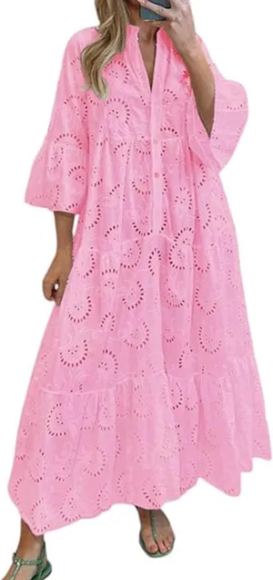 ThCreasa Womens V Neck Eyelet Embroidery Maxi Dresses Lace 3/4 Trumpet Sleeve Button Hollow Tiered Swing Long Dress