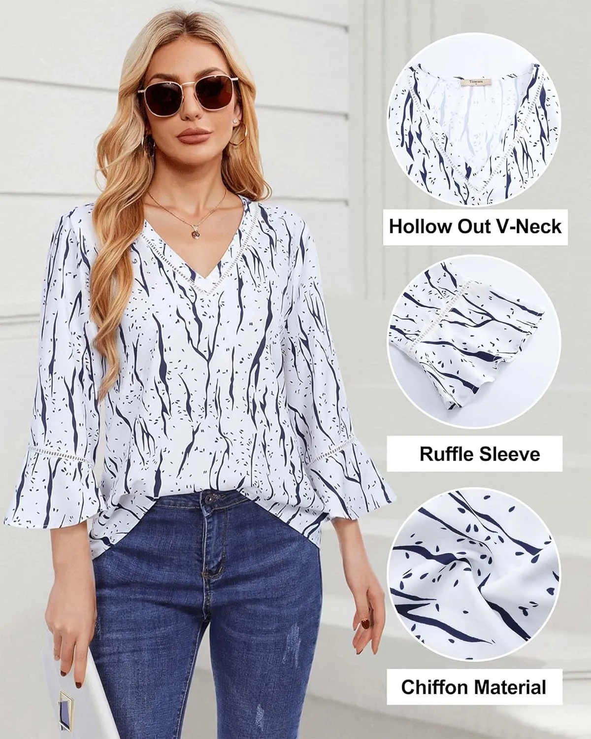 Timeson Women's Business Casual Tops 3/4 Sleeve Dressy Blouses Office Work Shirts