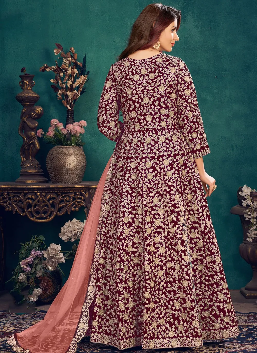 Wedding Wear Maroon Wine Velvet Designer Anarkali Suit