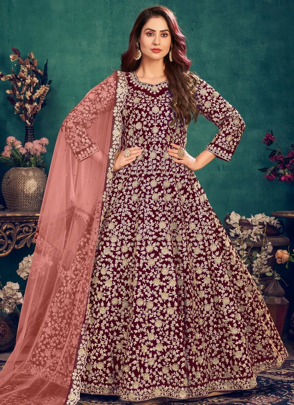 Wedding Wear Maroon Wine Velvet Designer Anarkali Suit