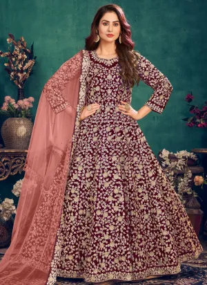 Wedding Wear Maroon Wine Velvet Designer Anarkali Suit