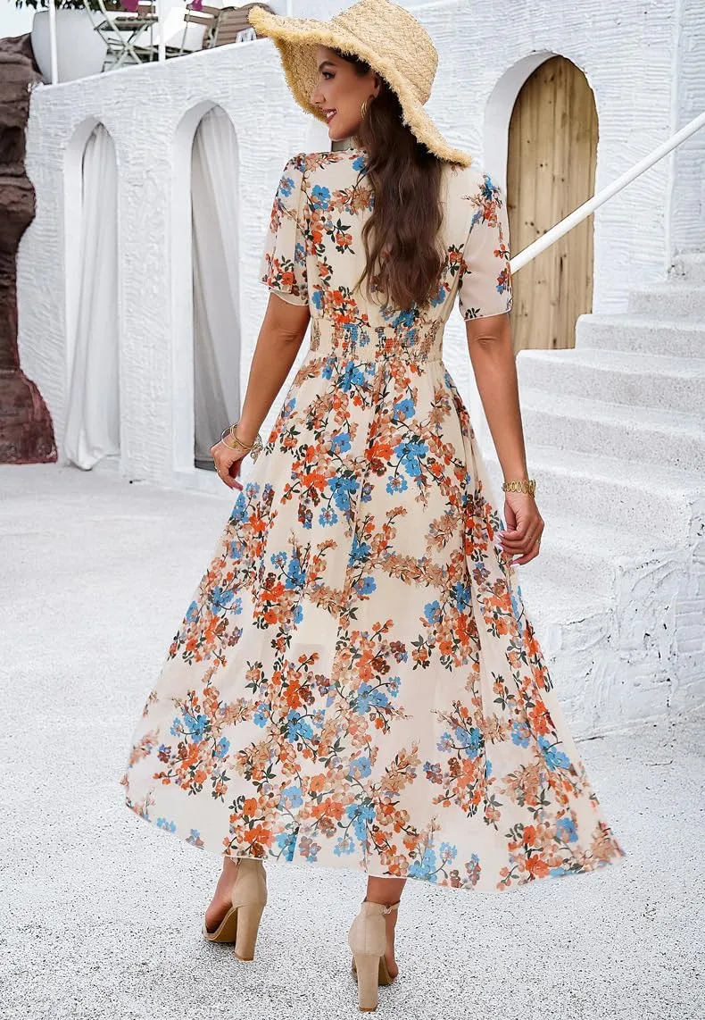 Women Floral Maxi Dress, V-Neck Short Sleeve Empire Waist Summer Boho Flowy Smocked Long Dress
