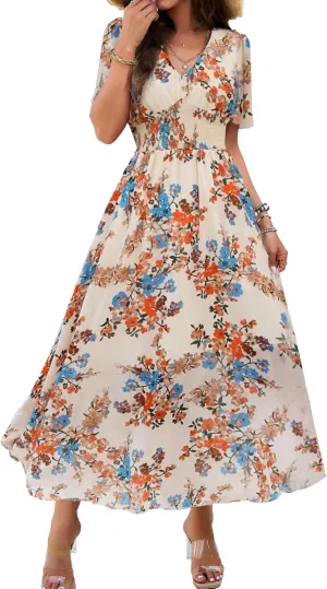 Women Floral Maxi Dress, V-Neck Short Sleeve Empire Waist Summer Boho Flowy Smocked Long Dress