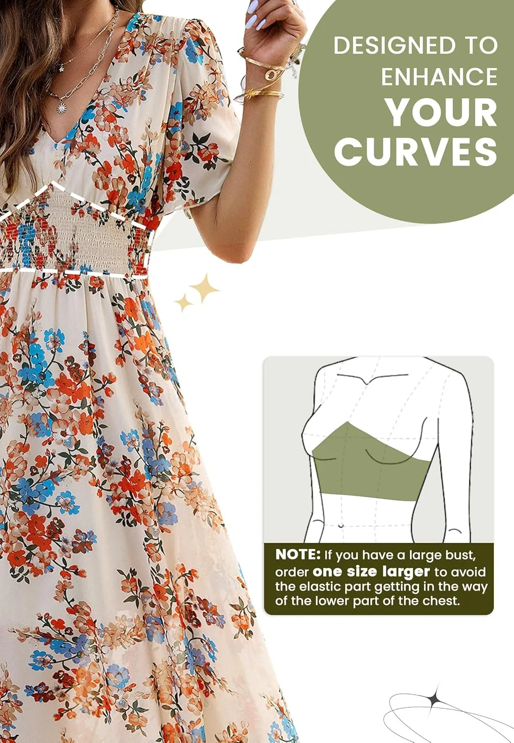 Women Floral Maxi Dress, V-Neck Short Sleeve Empire Waist Summer Boho Flowy Smocked Long Dress