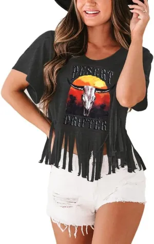 Women Graphic Tees Western Shirts Vintage Cowgirl Fringe Shirt Country Concert Tops Short Sleeve