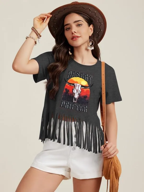 Women Graphic Tees Western Shirts Vintage Cowgirl Fringe Shirt Country Concert Tops Short Sleeve