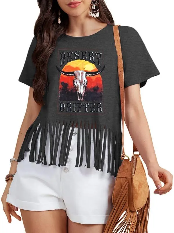 Women Graphic Tees Western Shirts Vintage Cowgirl Fringe Shirt Country Concert Tops Short Sleeve