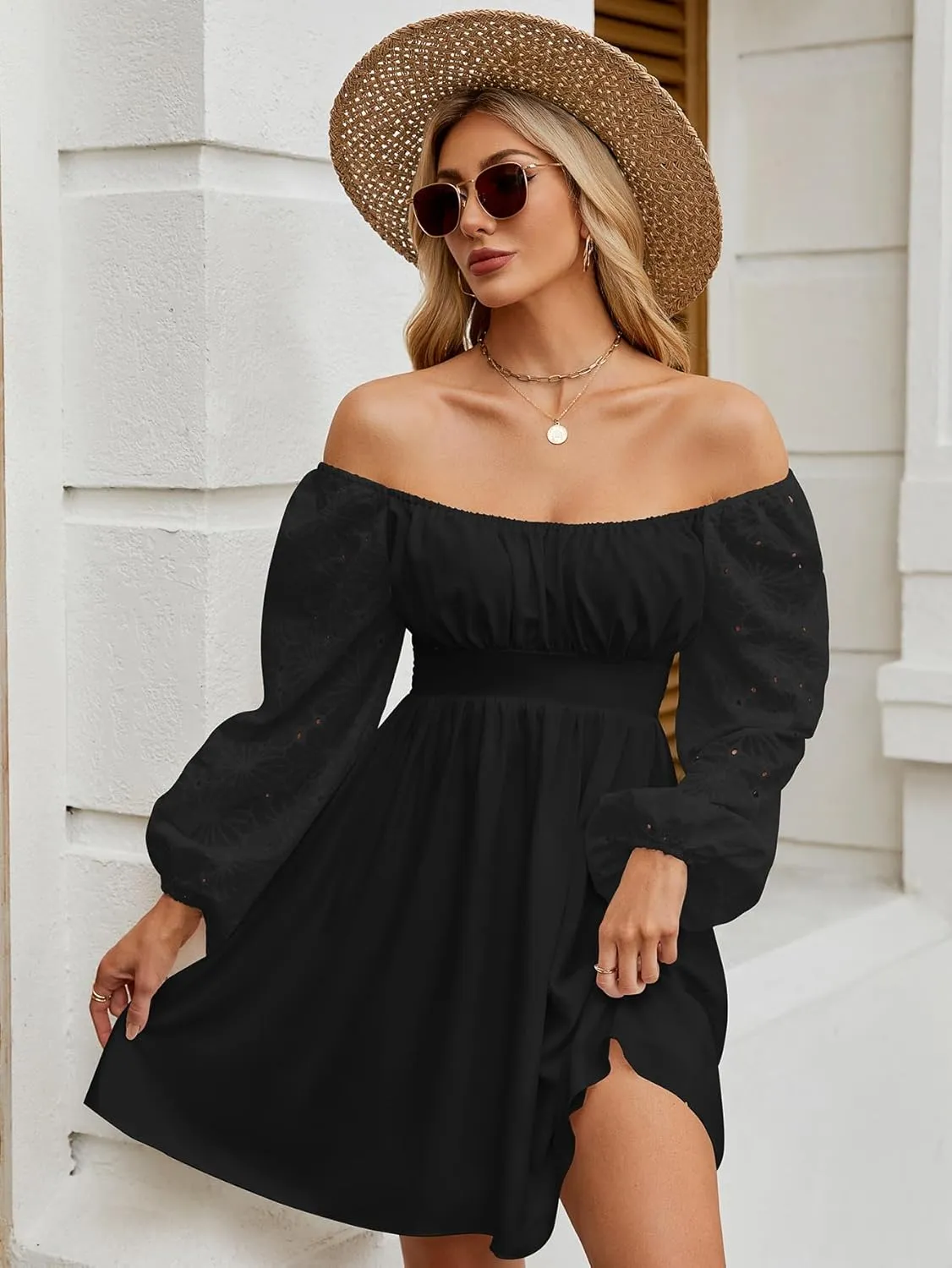 Womens Elegant Wedding Guest Dress Square Neck Lantern Long Sleeve A Line Flowy Cocktail Party Mini Dresses