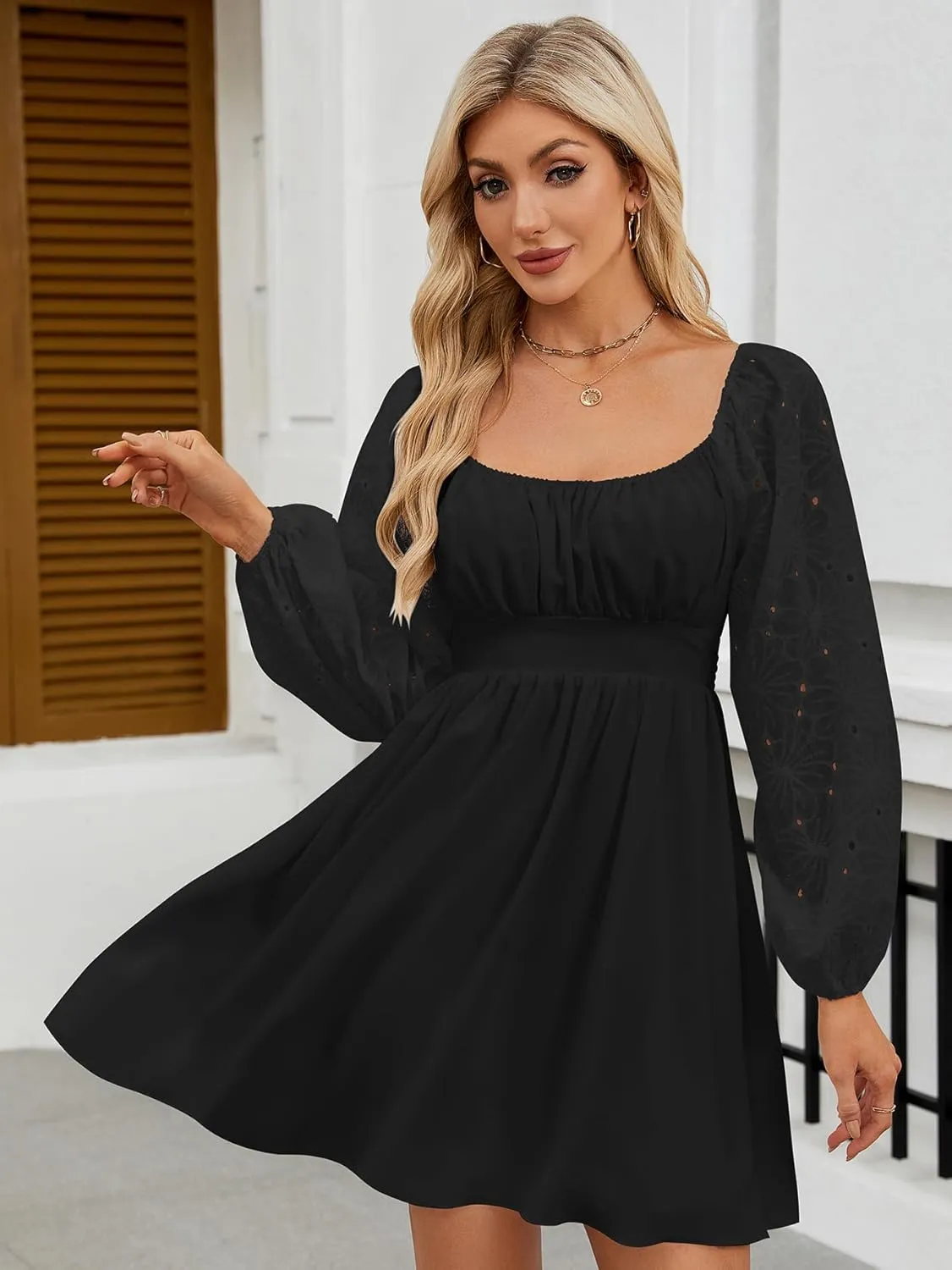 Womens Elegant Wedding Guest Dress Square Neck Lantern Long Sleeve A Line Flowy Cocktail Party Mini Dresses