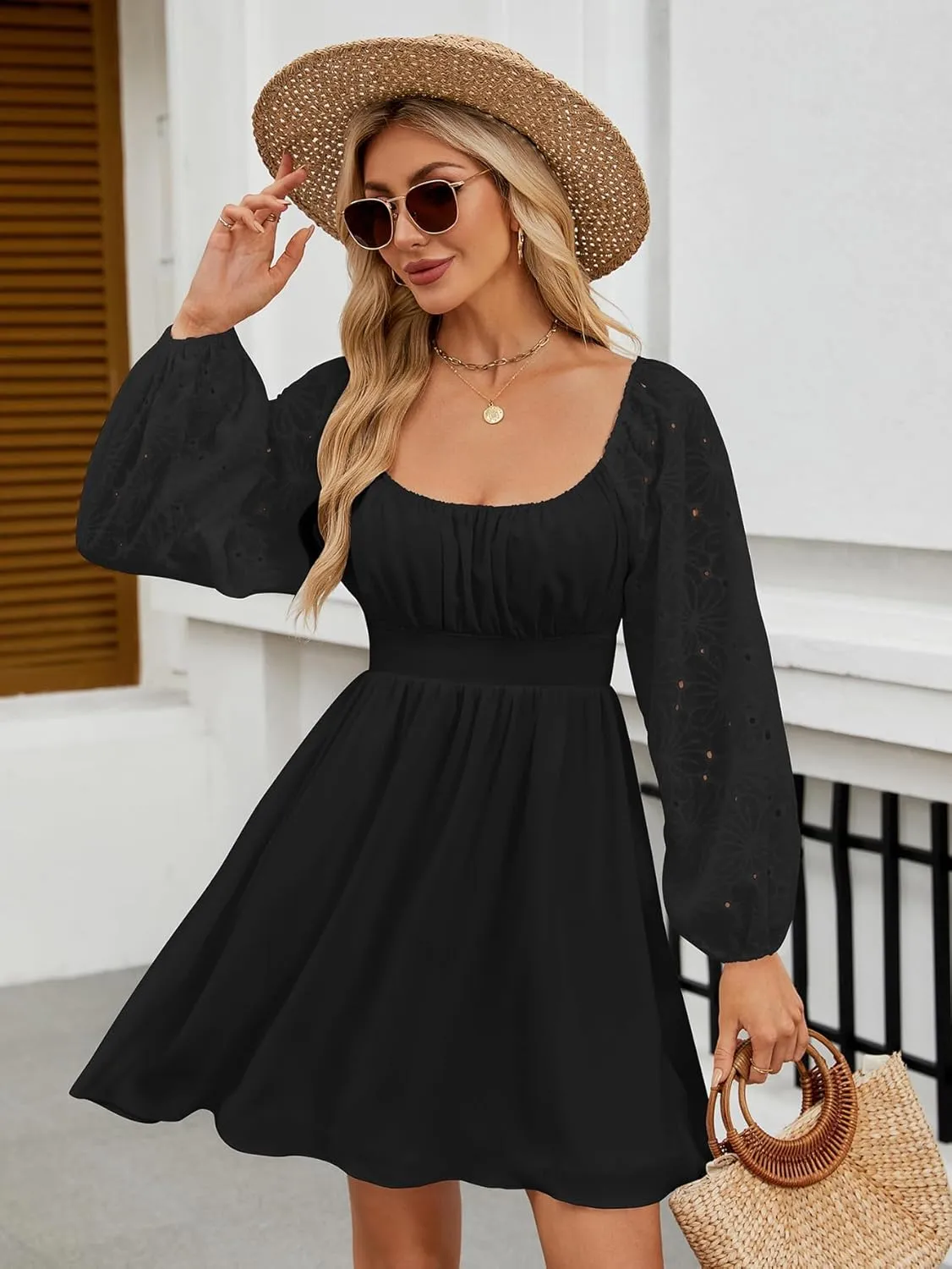 Womens Elegant Wedding Guest Dress Square Neck Lantern Long Sleeve A Line Flowy Cocktail Party Mini Dresses