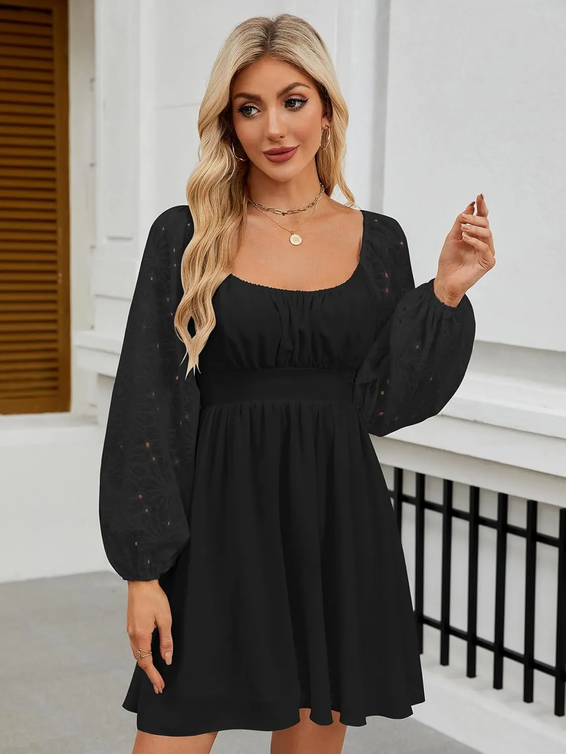 Womens Elegant Wedding Guest Dress Square Neck Lantern Long Sleeve A Line Flowy Cocktail Party Mini Dresses