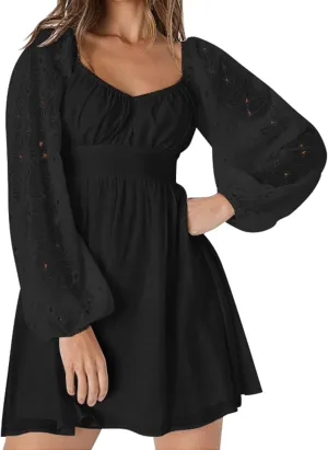 Womens Elegant Wedding Guest Dress Square Neck Lantern Long Sleeve A Line Flowy Cocktail Party Mini Dresses
