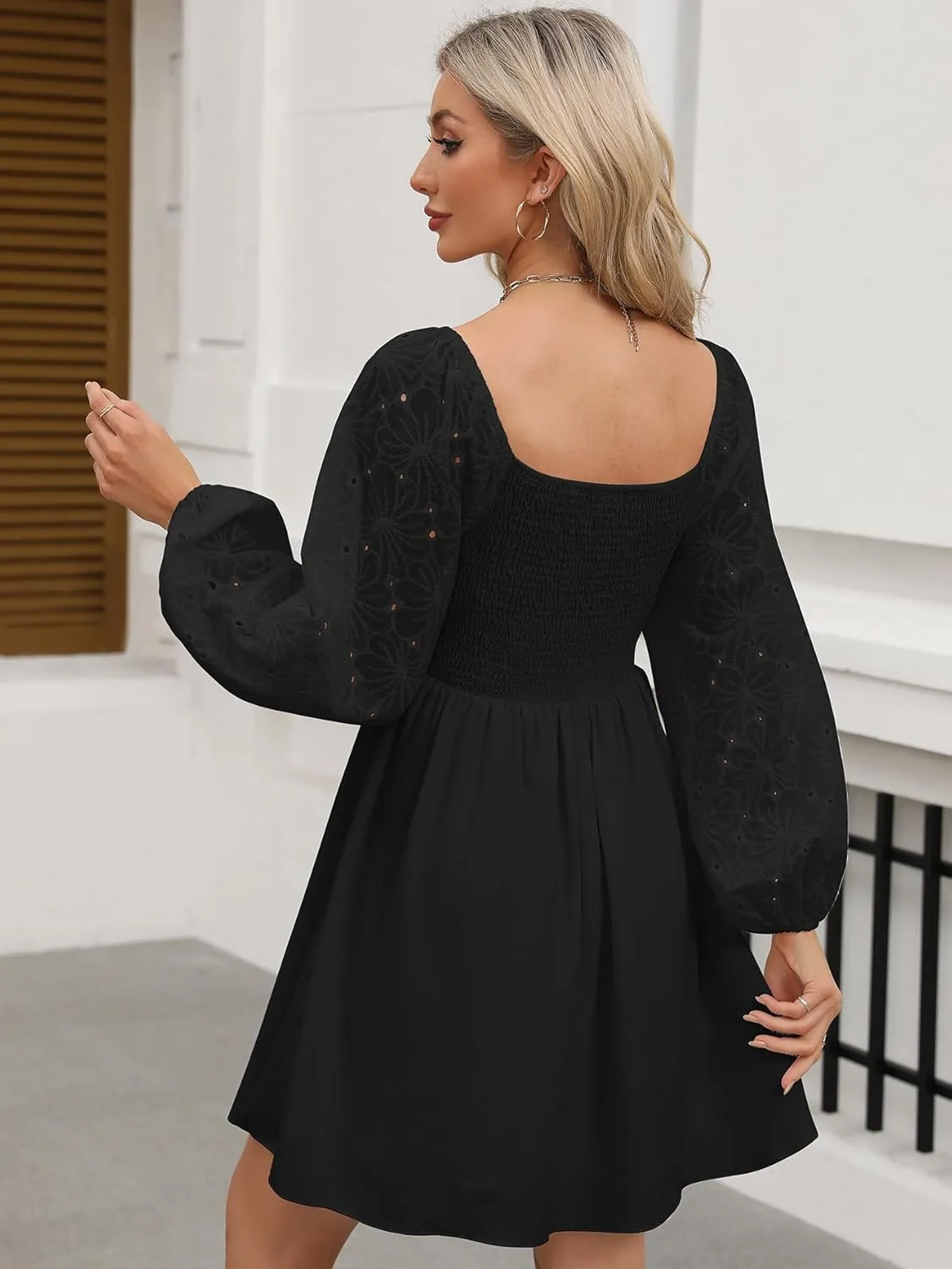 Womens Elegant Wedding Guest Dress Square Neck Lantern Long Sleeve A Line Flowy Cocktail Party Mini Dresses