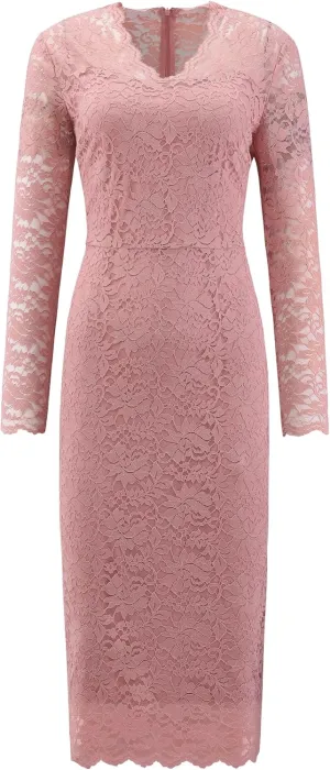 Women's Floral Lace Dress V Neck Long Sleeve Cocktail Wedding Bodycon Pencil Dresses