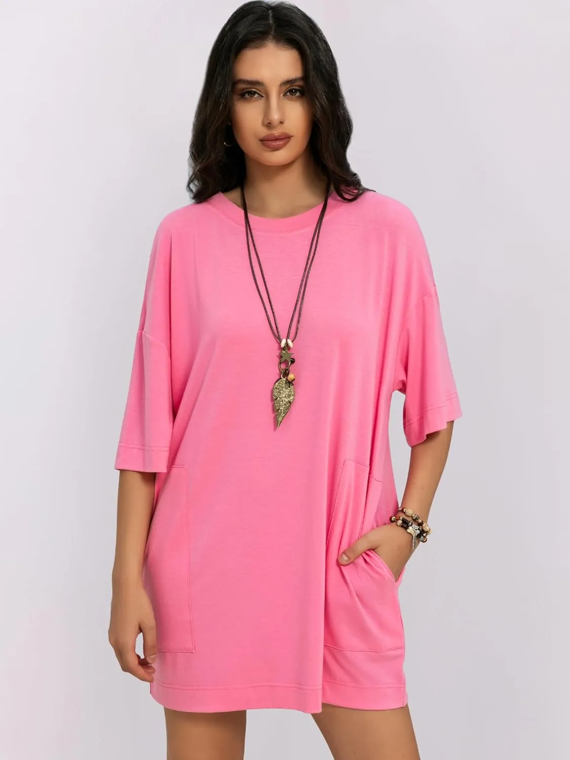Womens Oversized T Shirt Dress Short Sleeve Crewneck Tunic Tops Basic Summer Casual Mini Short Dresses with Pockets
