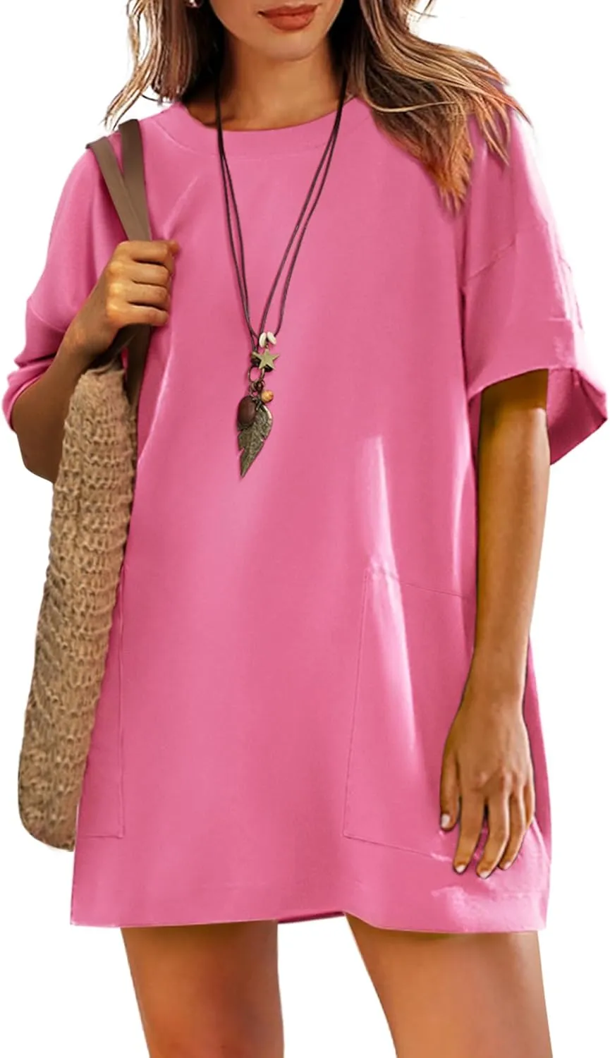 Womens Oversized T Shirt Dress Short Sleeve Crewneck Tunic Tops Basic Summer Casual Mini Short Dresses with Pockets