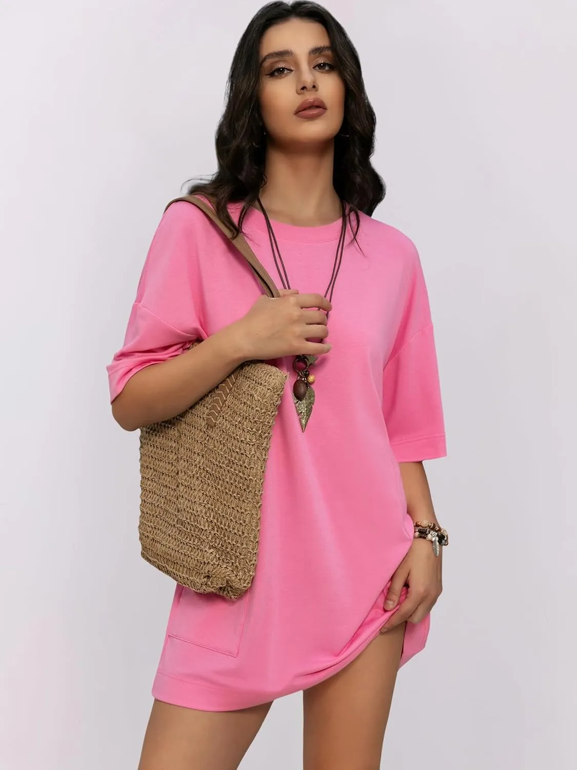 Womens Oversized T Shirt Dress Short Sleeve Crewneck Tunic Tops Basic Summer Casual Mini Short Dresses with Pockets
