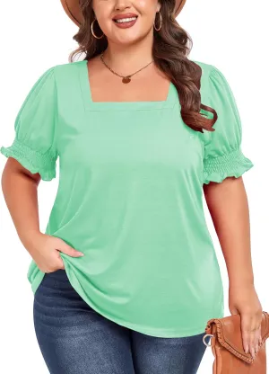 Women's Plus Size Tops Square Neck Blouses Short Sleeve T Shirts Casual Ruffle Trim Sleeve Tunic Tops