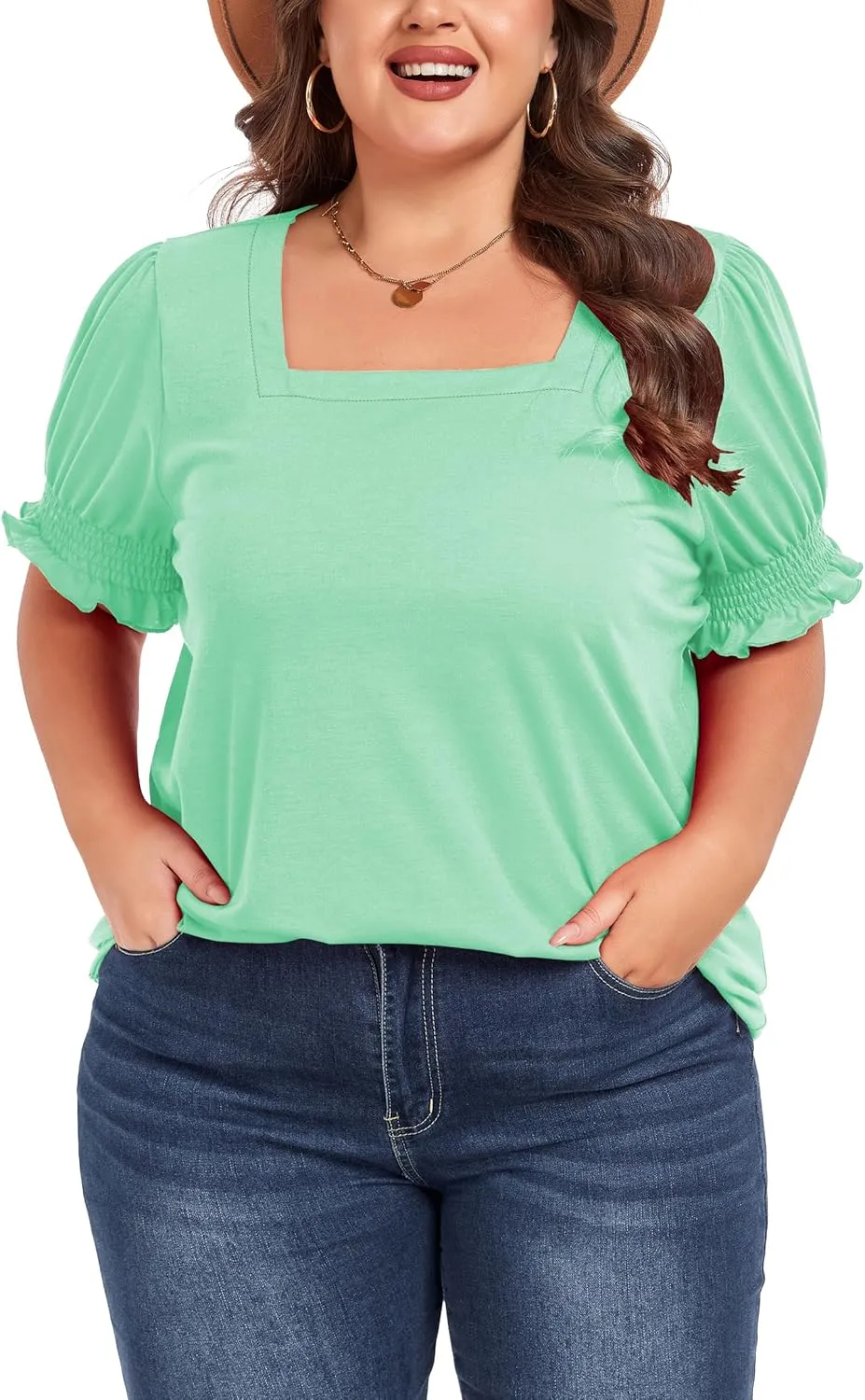 Women's Plus Size Tops Square Neck Blouses Short Sleeve T Shirts Casual Ruffle Trim Sleeve Tunic Tops