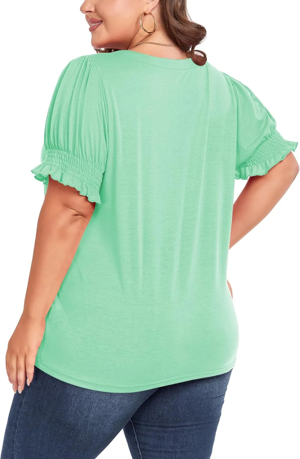 Women's Plus Size Tops Square Neck Blouses Short Sleeve T Shirts Casual Ruffle Trim Sleeve Tunic Tops