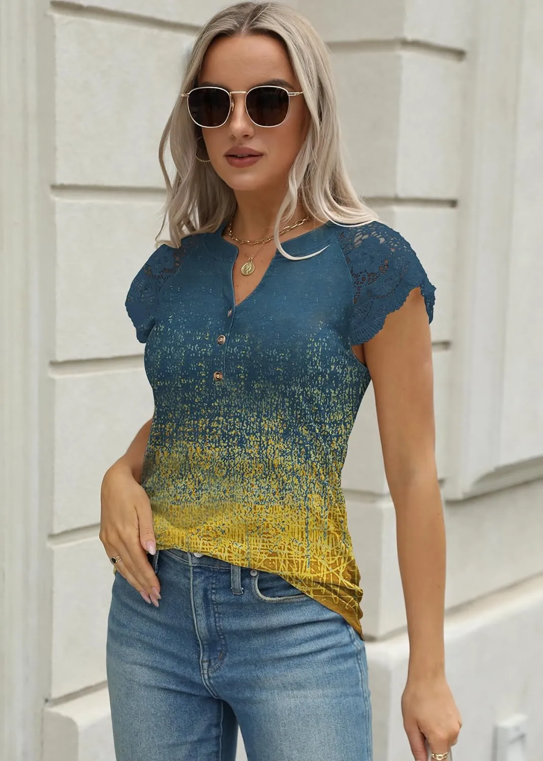 Women's Tank Tops Lace Cap Sleeve Button Down V Neck Summer Casual Loose Fit 2025 Trendy Cute Sleeveless Shirts Blouse