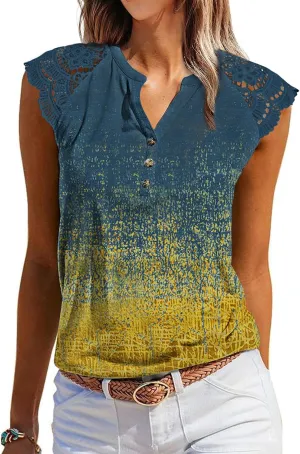 Women's Tank Tops Lace Cap Sleeve Button Down V Neck Summer Casual Loose Fit 2025 Trendy Cute Sleeveless Shirts Blouse