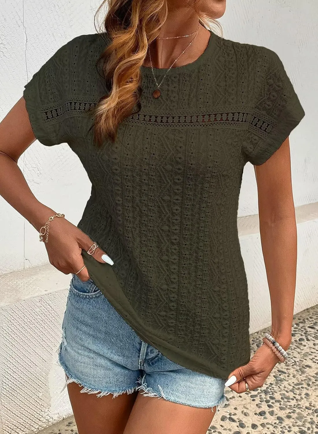 Womens Tops Casual Scoop Neck Short Sleeve Embroidered Lace Hollow Out Shirts Loose Tunic Knit Boho Blouses