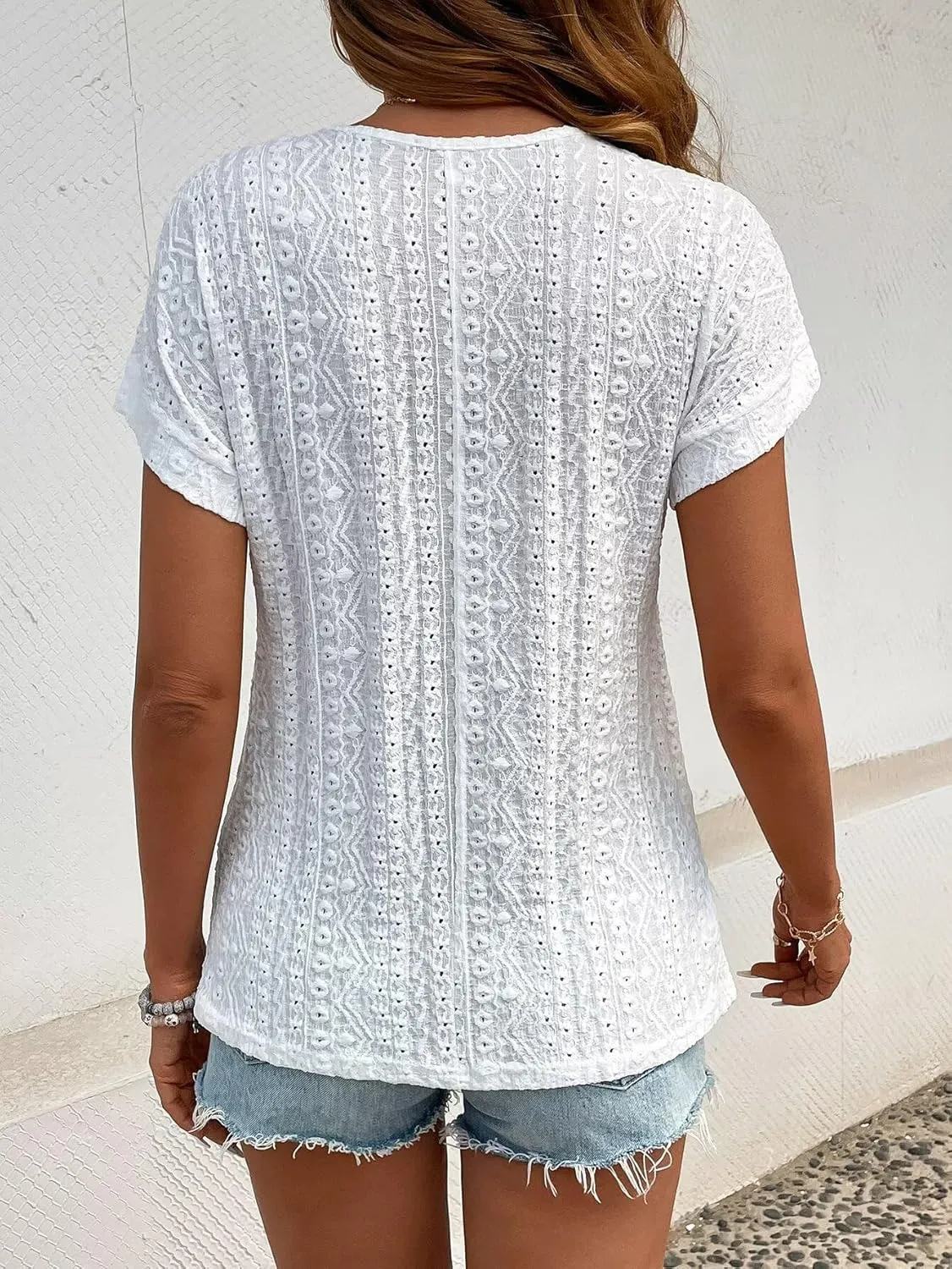 Womens Tops Casual Scoop Neck Short Sleeve Embroidered Lace Hollow Out Shirts Loose Tunic Knit Boho Blouses
