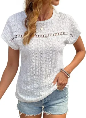 Womens Tops Casual Scoop Neck Short Sleeve Embroidered Lace Hollow Out Shirts Loose Tunic Knit Boho Blouses