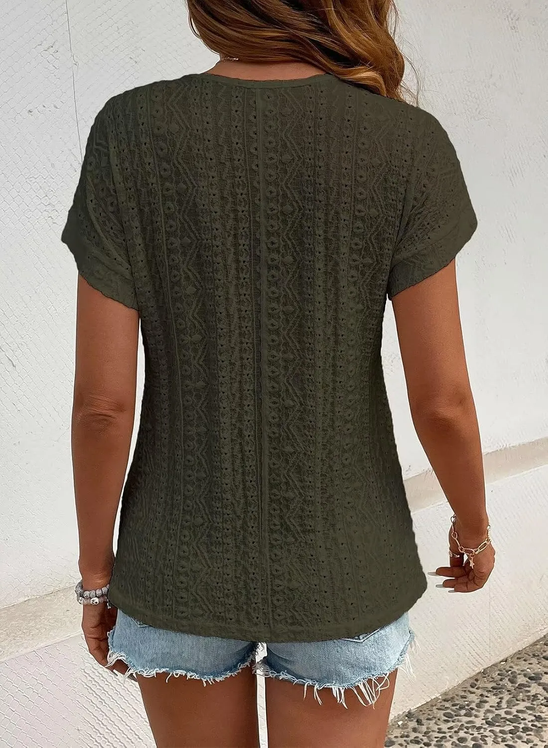 Womens Tops Casual Scoop Neck Short Sleeve Embroidered Lace Hollow Out Shirts Loose Tunic Knit Boho Blouses