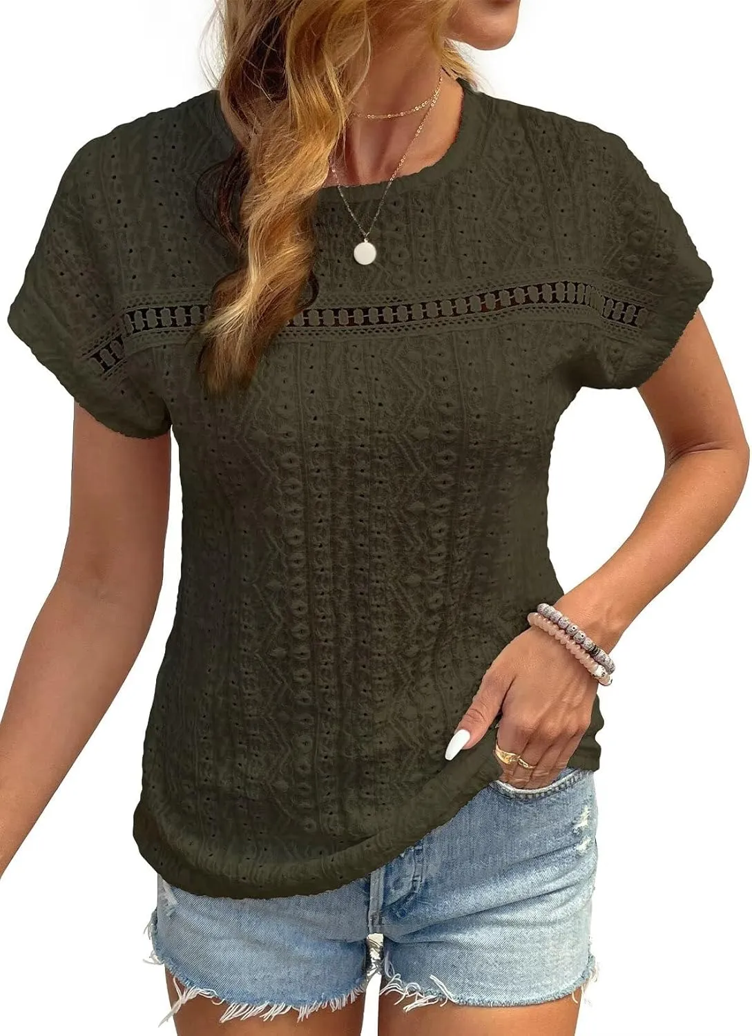 Womens Tops Casual Scoop Neck Short Sleeve Embroidered Lace Hollow Out Shirts Loose Tunic Knit Boho Blouses