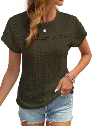 Womens Tops Casual Scoop Neck Short Sleeve Embroidered Lace Hollow Out Shirts Loose Tunic Knit Boho Blouses
