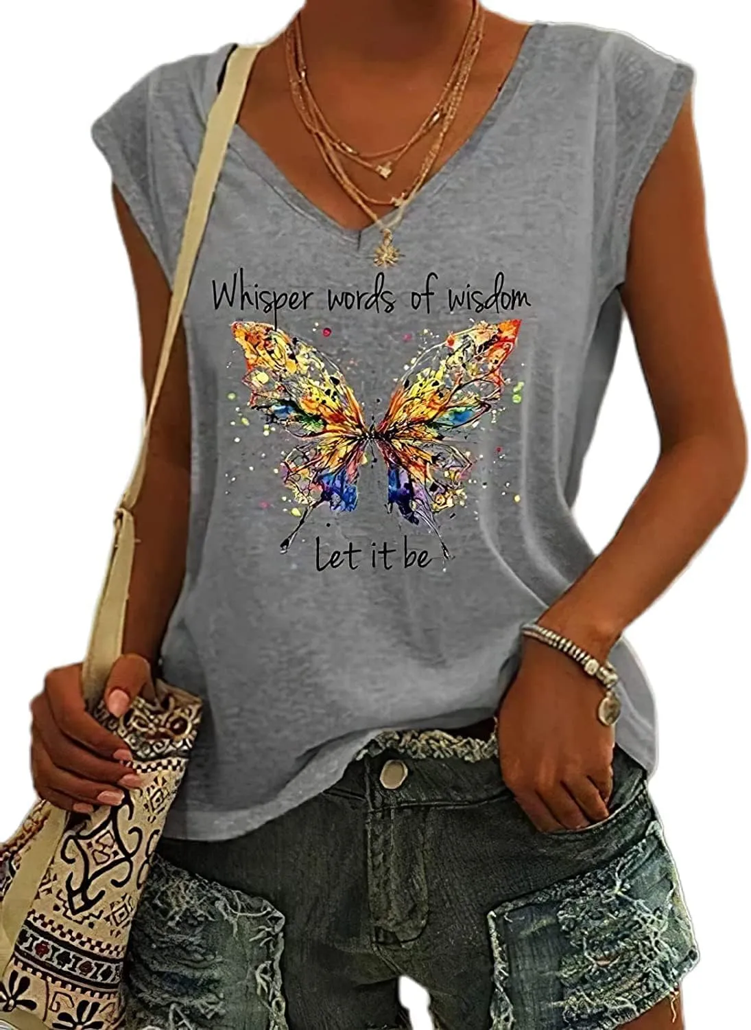 Womens Whisper Words of Wisdom Let-It Be Tshirt Butterfly Graphic with Funny Sayings V-Neck T-Shirt for Women