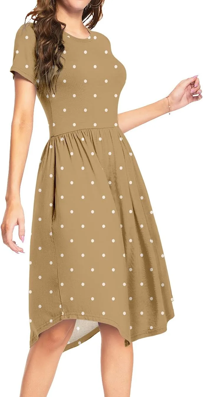 YUNDAI Womens Dress Mini Casual Loose Short Sleeve Polka Dot Knee Length Dresses with Pockets