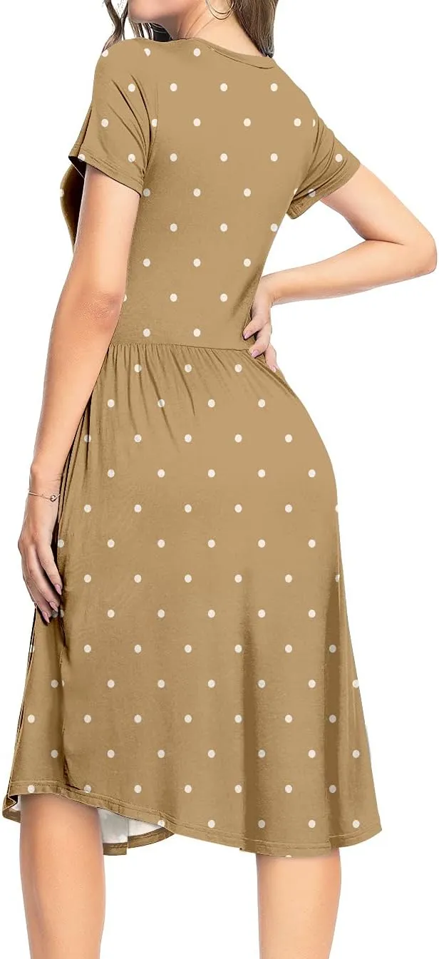 YUNDAI Womens Dress Mini Casual Loose Short Sleeve Polka Dot Knee Length Dresses with Pockets