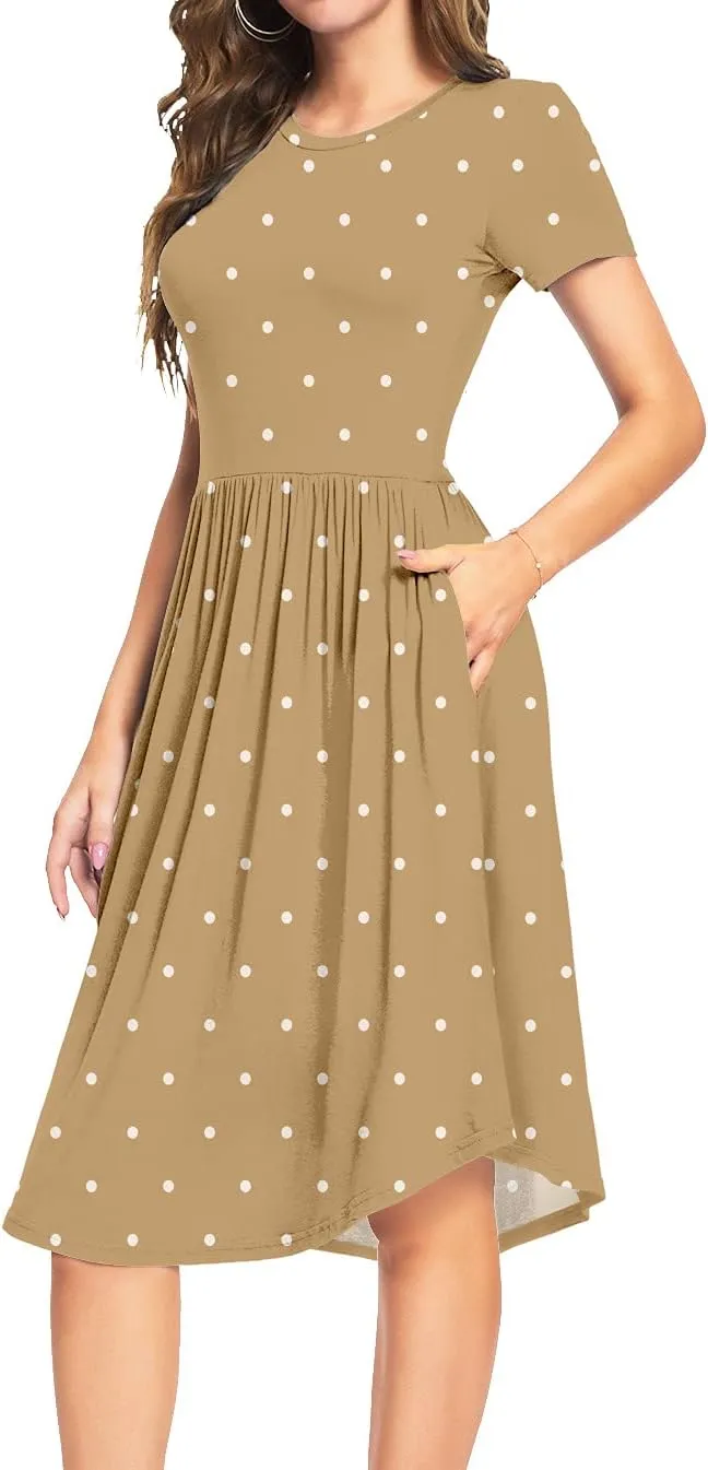 YUNDAI Womens Dress Mini Casual Loose Short Sleeve Polka Dot Knee Length Dresses with Pockets