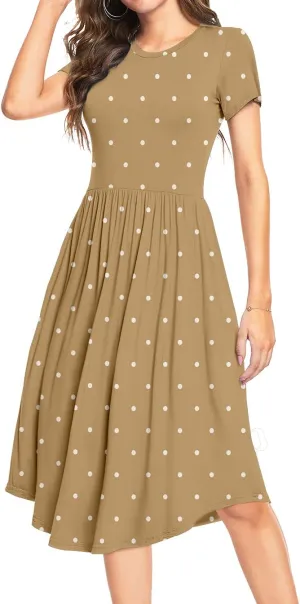 YUNDAI Womens Dress Mini Casual Loose Short Sleeve Polka Dot Knee Length Dresses with Pockets