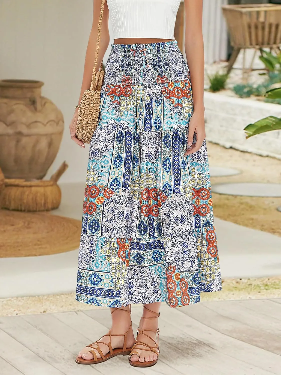 ZABERRY Womens Boho Floral Summer Maxi Skirt 2025 Elastic High Waist Pleated A Line Ruffle Flowy Long Skirts