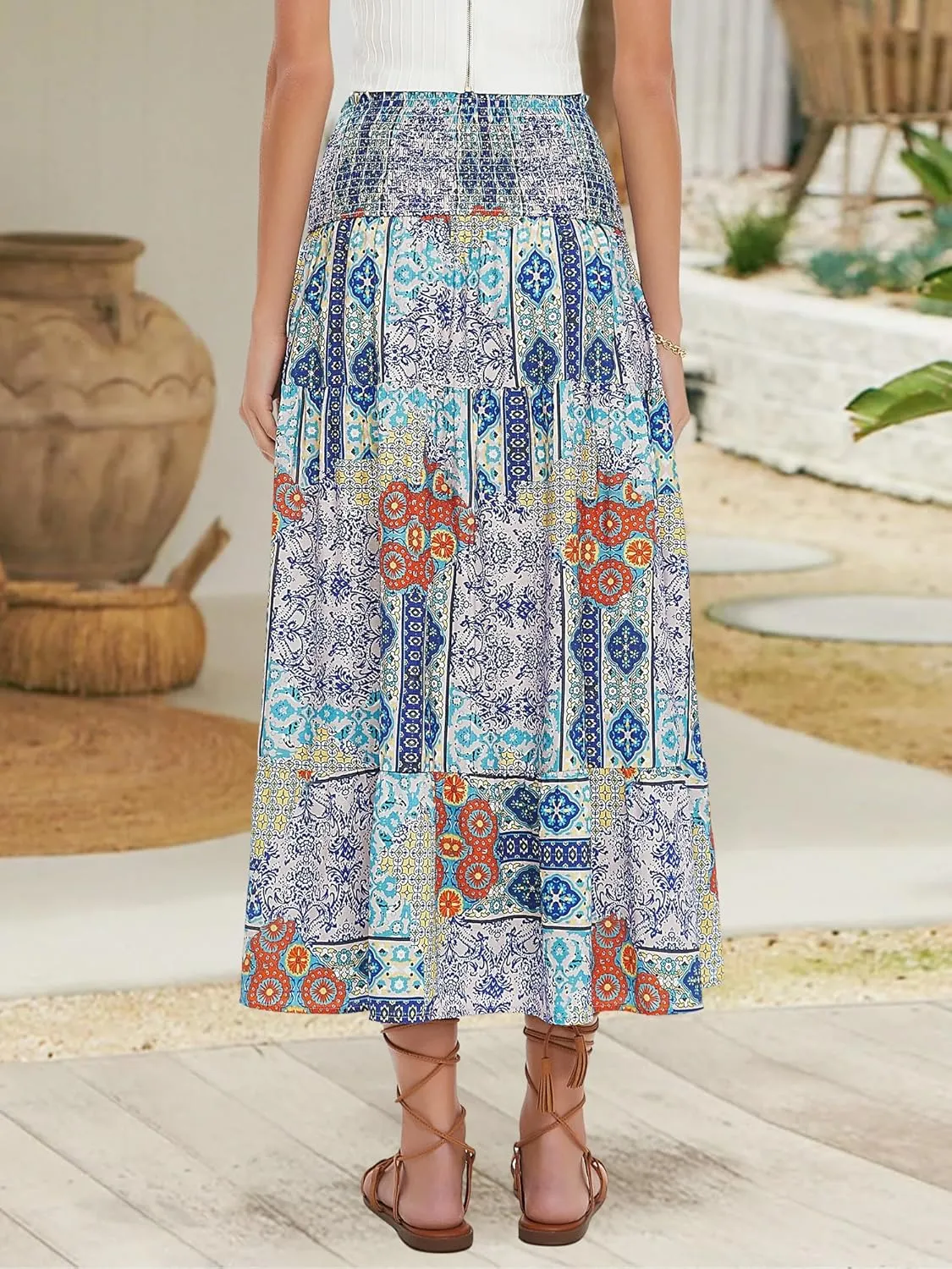 ZABERRY Womens Boho Floral Summer Maxi Skirt 2025 Elastic High Waist Pleated A Line Ruffle Flowy Long Skirts