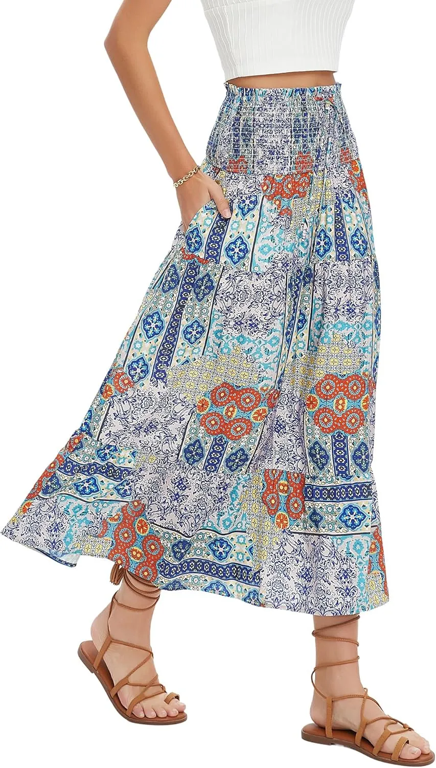 ZABERRY Womens Boho Floral Summer Maxi Skirt 2025 Elastic High Waist Pleated A Line Ruffle Flowy Long Skirts